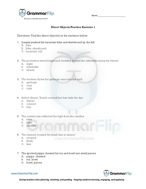 Direct Objects Direct Objects Worksheet