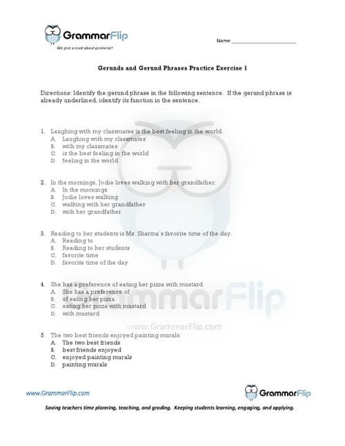 Gerunds and Gerund Phrases Gerunds Worksheet